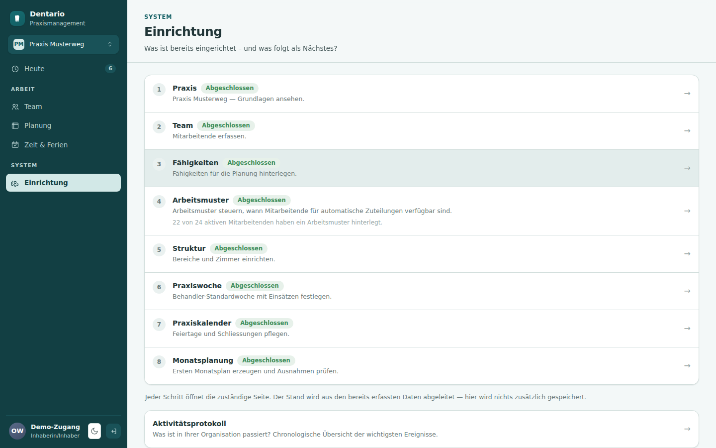 Dentario Einrichtung mit acht Statusschritten und Aktivitätsprotokoll