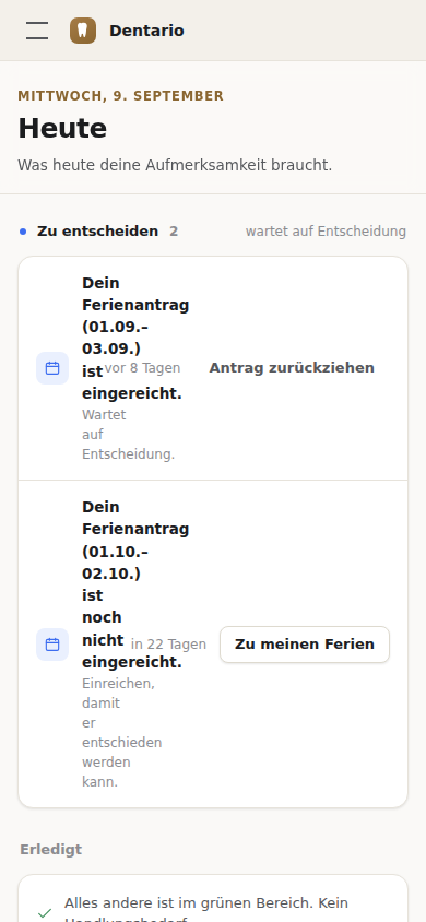 Mobile Dentario Ansicht Heute mit priorisierten Aufgaben