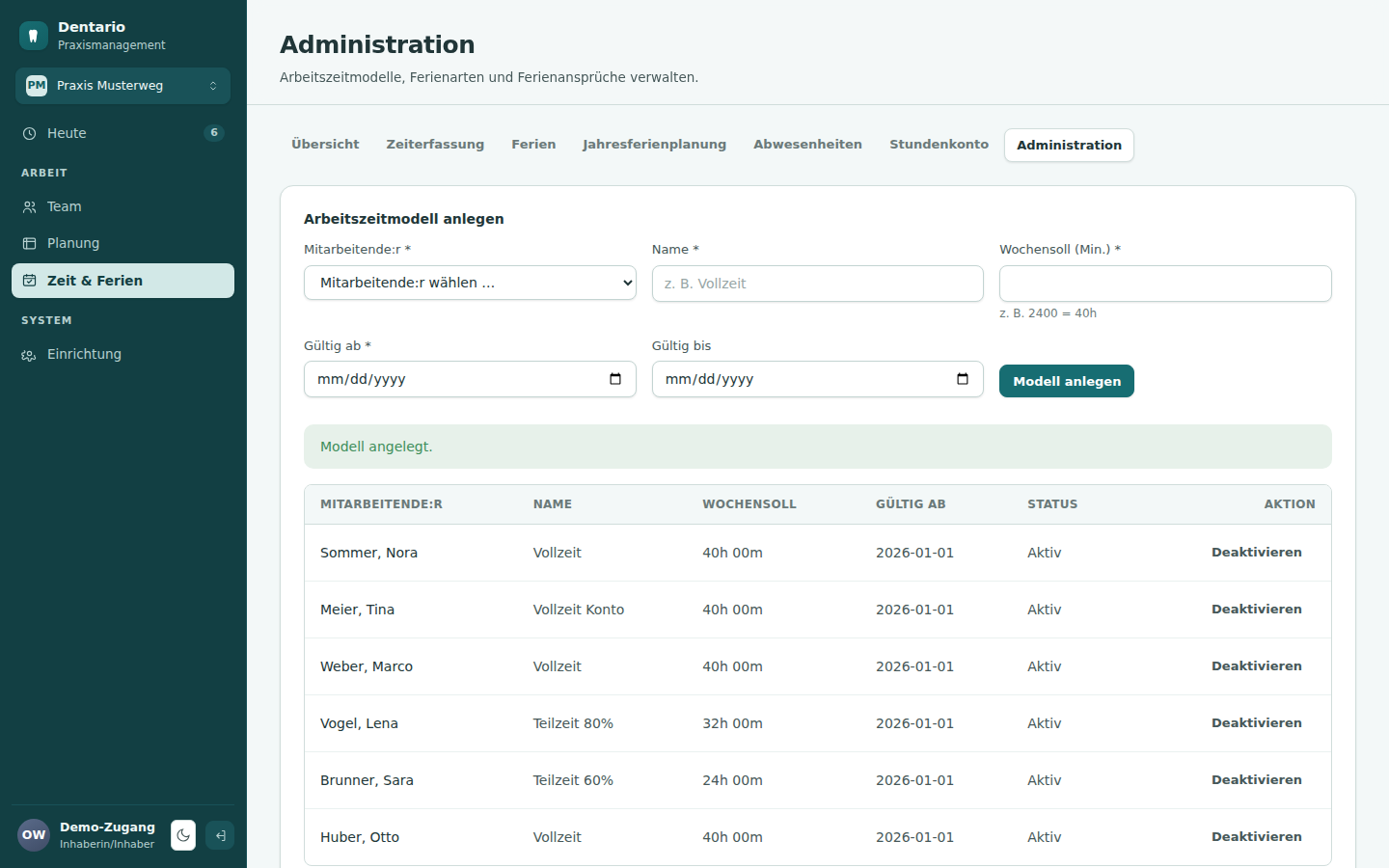 Dentario Administration mit Arbeitszeitmodellen